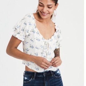 American Eagle Floral Lace Up Corset Crop Top in White Size S puff sleeves